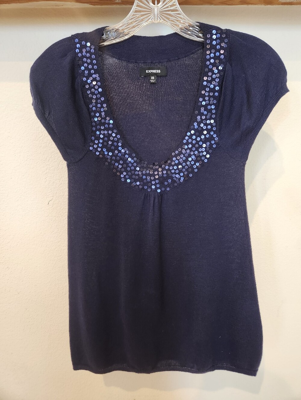 Express Navy Short Sleeve Scoop Neck Soft Cotton Top with Sequin Trim